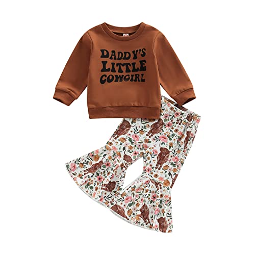 Image of Hnyenmcko Toddler Western Baby Girl Clothes Bell Bottom Outfits Long Sleeve Cowgirl Sweatshirt + Cow Print Pants Fall Outfit