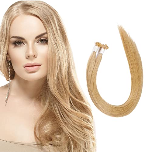 U Tip Hair Extensions By Everlong, Remy Human Hair, Fusion Glue Adhesive Method, Premium Keratin 56 Gram Bundles, 16" #14 Caramel Blonde #TOP9