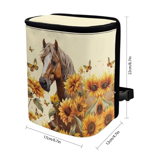 Image of Talayituse Horse Sunflower Butterfly Print Car Trash Can with Lid, Leak Proof Auto Trash Bag Hanging Vehicle Garbage Can Multipurpose Storage Container for Back Seat Road Trip