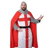 I LOVE FANCY DRESS Costume da cavaliere per adulti, taglia XXL, tunica con bandiera inglese con cintura nera, mantello rosso, copricapo con maglia a catena, perfetto per eventi sportivi, celebrazioni