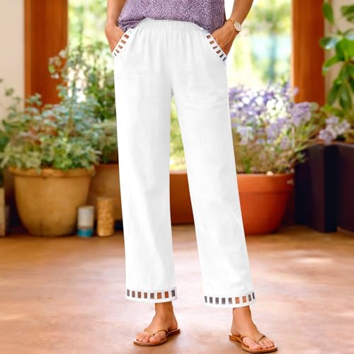 Image of Linen Pants Women Petite Straight Leg Pants Summer Beach High Waisted Pant Vacation Wide Leg Trousers with Pockets