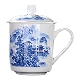 QPOIBSD Chinese Gongfu Loose Leaf Tea Brewing System - Bone China Porcelain Tea Cup with Tea Cup Lid (Blue Dragon) (Mountain and Water Cup)