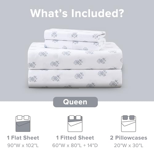 Comfort Spaces 100% Cotton Sheets Queen, Breathable, Naturally Cool Cotton Sheets, Soft Cotton Bed Sheets with 14" Elastic Pocket Fits up to 16" Mattress, All Seasons Sheet Set, Floral Blue 4 Piece