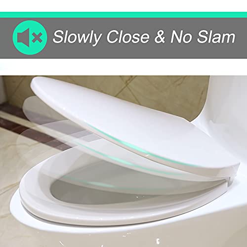 Toilet Seat, Elongated Toilet Seat Slowly Close without Slam, Adjustable for Perfect Fit, Never Loosen, Easy to Clean, Easy to Install, Fits most Standard Elongated Toilets, Oval, White.