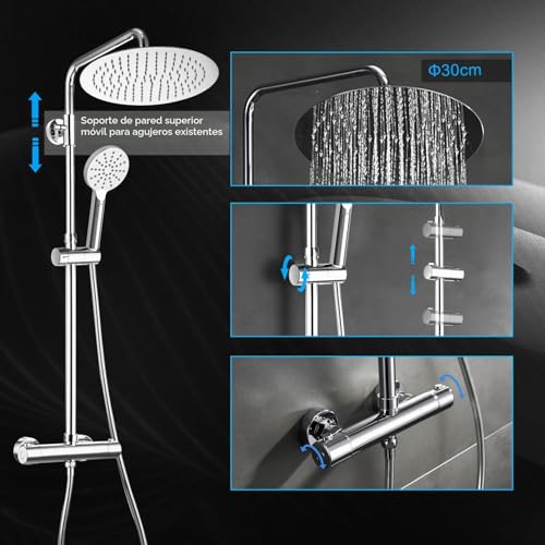 Miniatura 4 de Görbach Columna De Ducha Grifo Termostático Acero Inoxidable 304 Sistema Ducha Monomando Con Mezclador Termostático Columna Ducha Hidromasaje Con Ducha Cuadrada Lluvia Cromo D30cm