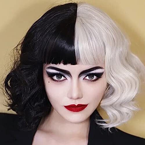 Peruca cacheada para cosplay degradê preto e branco, 150% Natural Densidade Linha do Cabelo Cor Natu