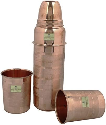 Best Quality CwC Luxury Design Pure Copper Yoga Water Bottle or Thermos Flask 34oz Capacity with 99.5% Purity- Handmade,Joint Free & Leak Proof for Ayurvedic Health Benefits,Sports,Gym,Yoga & Travel