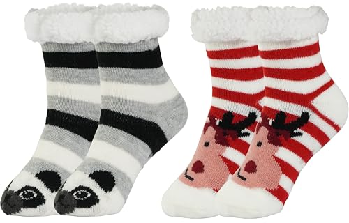 Sooneeya Christmas Slipper Socks for Kids Fuzzy Cabin Socks Cute Animal Soft Warm Thick Lined Indoor Stocking Stuffers 4-7 Years 2 Pairs Stripe Reindeer and Stripe Raccoon