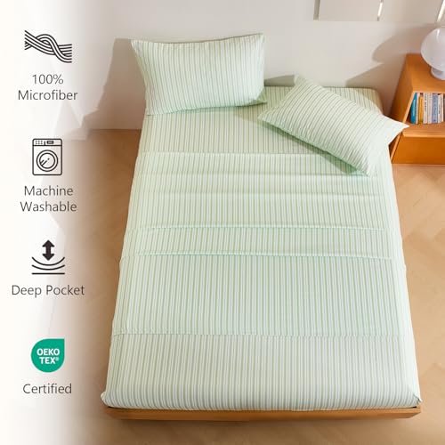 Image of MCO 4Pieces Striped Sheets Set, Breathable King Sheet Set with 16 inch Deep Pocket,Modern & Luxury, Brushed Microfiber Bedding Set(King, Green)