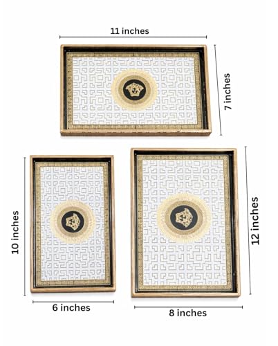 Image of Premium Wooden Serving Tray Set of 3 | Ethnic Indian Art Printed Tea, Coffee & Snack Trays | Decorative Multipurpose Home & Kitchen Serving Tray (B-02)