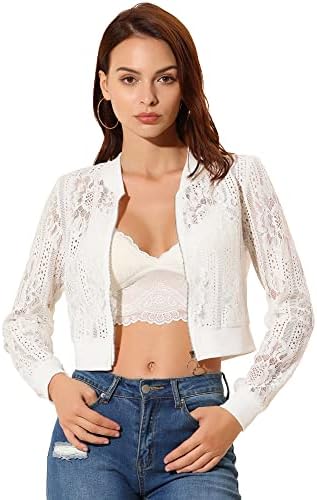 Allegra K Women's Crop Jacket Stand Collar Zip Up Mesh Sheer Lace Bomber Jacket Small White