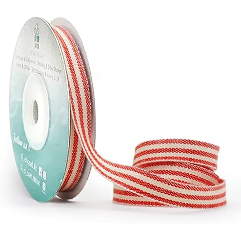 CT CRAFT LLC Natural Cotton Stripes Ribbon for Home Decor, Gift Wrapping, DIY Crafts, 10 mm (3/8”) x 10 Yards x 1 Rolls - Red Cover