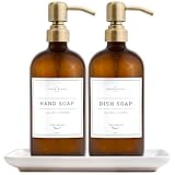 Picture of Vine Creations Amber Glass Soap Dispenser, 2 Pack Kitchen Soap Dispenser Set with Ceramic Tray, Stainless Steel Pump, Dish Soap and Hand Soap Dispensers for Bathroom Decor with Waterproof Labels