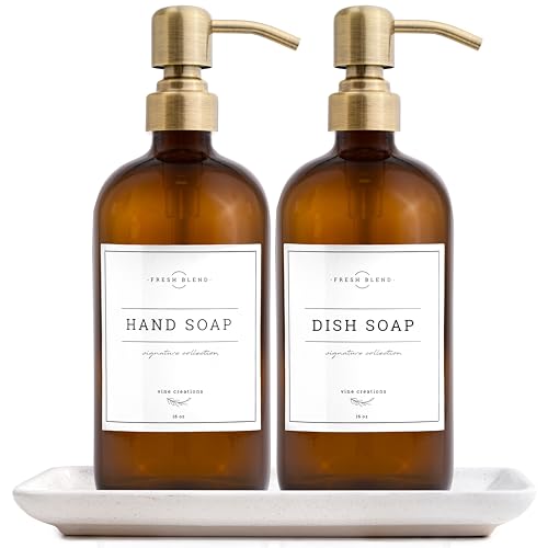 Vine Creations Amber Glass Soap Dispenser, 2 Pack Kitchen Soap Dispenser Set with Ceramic Tray, Stainless Steel Pump, Dish Soap and Hand Soap Dispensers for Bathroom Decor with Waterproof Labels