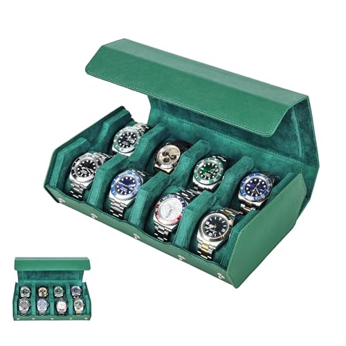 ROOLRREN Genuine Leather Watch Box with 8 Compartments Security Locks Watch Organizer with Scratch-Resistant Protection Ideal Gift for Men and Women (Green)