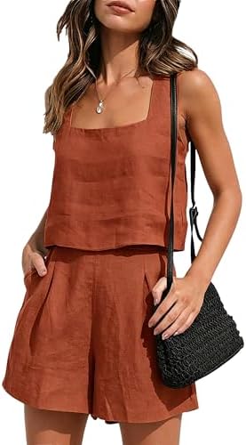 Womens Linen 2 Piece Outfits Tank Tops & Shorts Vacation Lounge S...