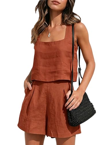 Oulivey Womens Linen 2 Piece Outfits Tank Tops & Shorts Vacation Lounge Set | made of nice cotton linen fabric that’s breathable and comfy, shorts with handy side pockets to hold small essentials