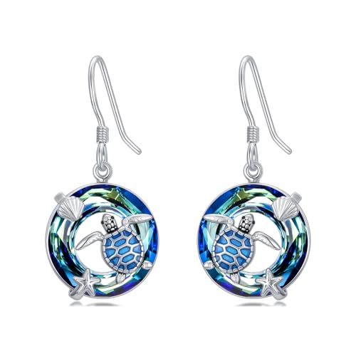 Dorunmo アニマルイヤリング 925スターリングシルバー ウミガメ イルカ ペンギン ブルークリスタルダングルドロップイヤリング 夏 海 ビーチ 誕生日 記念日 クリスマス ジュエリー ギフト 女性 妻 ママ 友人, スターリングシルバー, 宝石なし