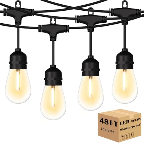 beatineon Outdoor String Lights 48 ft, LED Patio Lights with