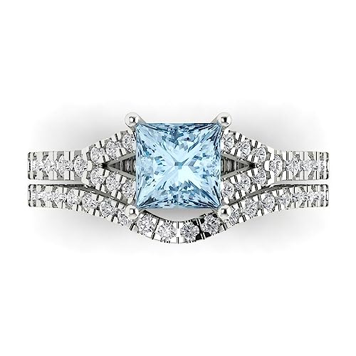 Wedding Ring Set for Women - 14K Solid Gold, White Gold Natural Swiss Blue Topaz Engagament Ring and Stacking Zirconia Wedding Band Bridal Set, 3.4 tcw