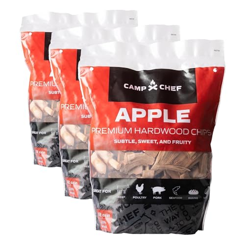 Image of Camp Chef Premium Hardwood Chips - Wood Chips for Smoking & Outdoor Grilling - Compatible with Pellet Grills, Smokers & Barbecues - Made in The USA - Apple, 192 cu in (Pack of 3)