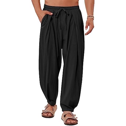 Gafeng Mens Linen Yoga Pants Elastic Waist Drawstring Summer Beach Loose Fit Casual Tapered Trousers Black Cover