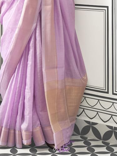 Image of MADHUHANSH Women's Cotton Linen Saree with Unstitched Blouse Piece and Solid Pattern | Mithila Painting Saree | Saree for Haldi Ceremony