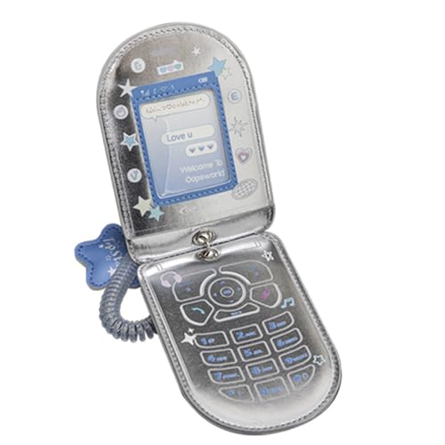 Cartoon Phone Shaped Photocard Holder with Pendant and Retractable Spring Coil Keychain PU Card Sleeves Hold 2-3 Cards