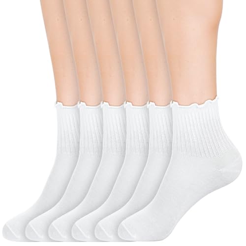 Image of Ptwola 6 Pairs Women Ruffle Socks Cute Ankle Boot Frilly Socks White Soft Knit Cotton Crew Dress Sock Lettuce Trim Stockings for Teen Women Elastic Slouchy One Size Boot Leather Shoes