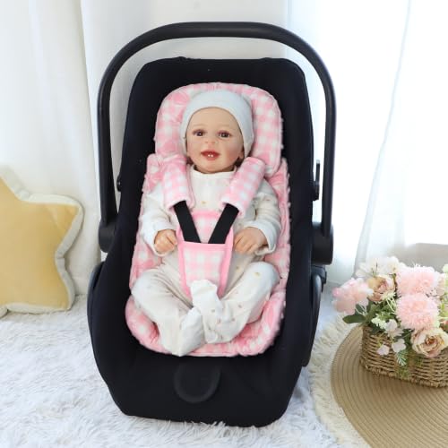 Image of DILIMI Infant Car Seat Insert, Baby Car Seat Head Support with 3 Strap Paddings, Soft Newborn Car Seat Cushion for Stroller, Swing, Bouncers, Pink Bow Plaid
