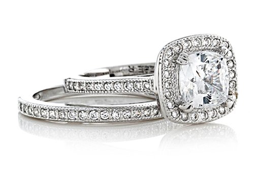 Zoe R Sterling Silver Micro Pave Hand Set Cubic Zirconia Halo 6mm Cushion-Cut Center Wedding Set Size 6.52