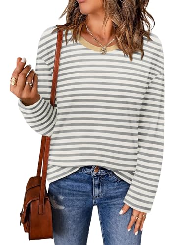 ONLYSHE Women's Casual Striped Long Sleeve Tops Crew Neck Knit Basic Loose Fit T Shirts Fall Fashion Tunic Outfits