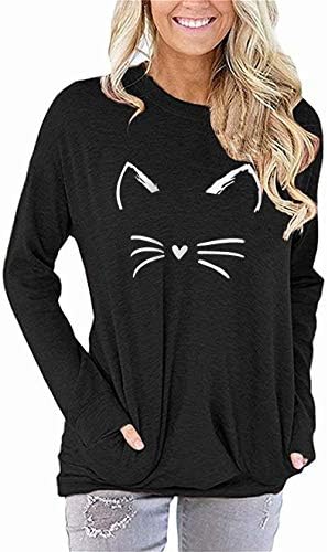 Akihoo Women Cat Printed Sweatshirts Crew Neck Long Sleeves Casual T Shirts Pullover Tunics Tops with Pockets XL