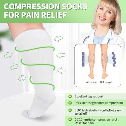 Image of UISLII Plus Size Compression Socks Wide Calf Women Men,5 Pairs 20-30mmHg Extra Width Calf Viscose Knee High Compression Socks for Circulation Support