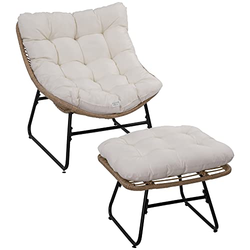 Outsunny Fauteuil Chaise de Jardin avec Repose-Pieds en métal époxy et résine tressée Aspect rotin avec Coussins Moelleux - Naturel