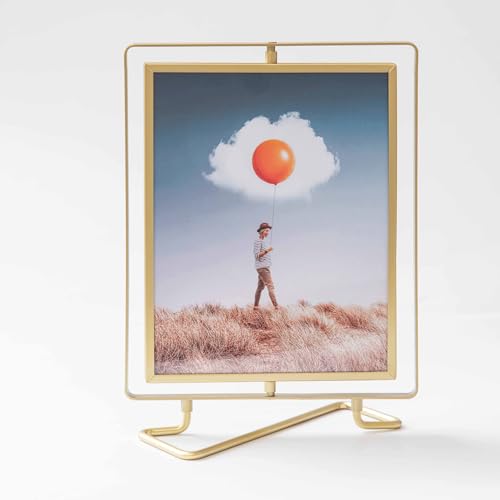 ZUOMIDIE Rotating Picture Frame for 6 x 8 Inch Picture, Gold Standing Double Sided Floating Picture Frame for Vertical Table Display, Tabletop Photo Frame with Plexi Glass Cover and Free Spinning