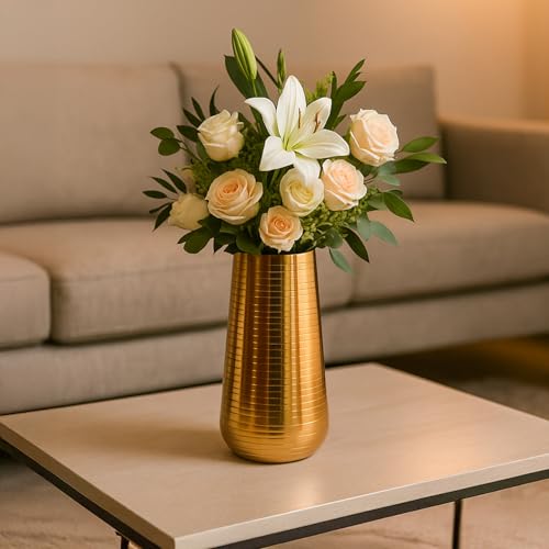 Image of Market99 Golden Metal Flower Holder|Tapered Cylinder Shape Vase with Ribbed Design & Glossy Texture|Decorative Accent for Living Room, Tabletop, Shelf, Office & Gifting|Sleek, Refined & Stylish Decor