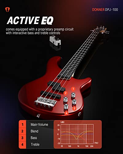 Donner Electric Bass Guitar 4 Strings Full-Size Standard Bass PJ-Style Electric Bass for Adults with Free Online Lesson,Gig Bag Guitar Strap and Guitar Cable Included, DPJ-100, Red