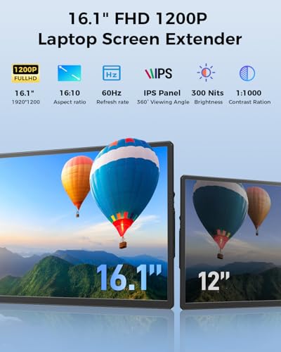 Image of Cevaton Laptop Screen Extender, 16.1 inch FHD 1200P Portable Monitor for Laptop with Magnetic Detachable Stand, 360 Rotatable Borderless Screen, Plug & Play, Compatible with Windows Mac