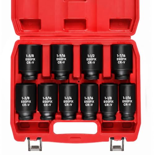 Image of 1 /2 inch Impact Axle Nut Socket Set 10 Pieces, Drive Deep CR-MO 6 Point (1-1 /16 inch to 1-5 /8 inch) SAE Sockets, for Auto Repairing and Household, with Storage Box