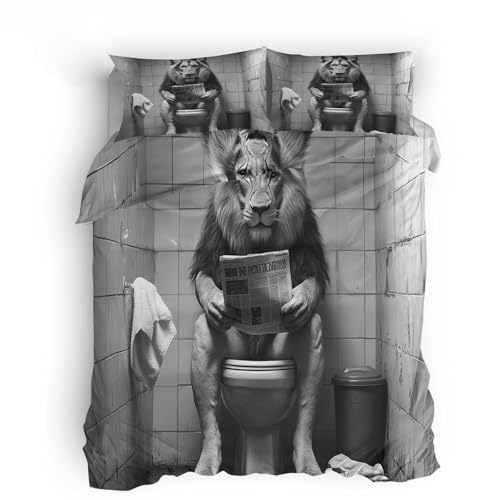 Funda nórdica Cama Microfibra 220x240cm León Leyendo El Periódico En El Baño Funda nórdica Cama con Cremallera Diseño Moderno Doble Cara con Cremallera Invisible, Microfibra, Suave al Contacto