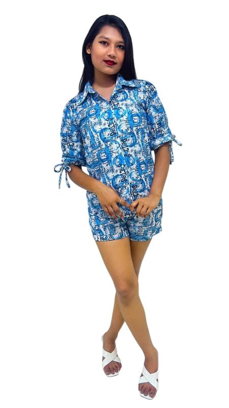 CLOV Women's Stylish Print Shirt & Shorts Co-Ord Set – Trendy Casual Outfit (Blue)-image-39