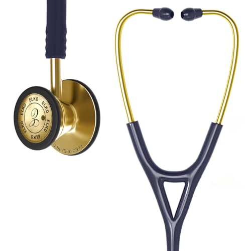 Image of ELKO DEXA III Ti Golden Edition Titanium Stethoscope with ENGRAVING | Engrave Your Name or Initials on the Chest Piece | Lightweight Double-Sided Titanium Chest piece | Two-Way PVC Tubing | Ideal for Doctors & Medical Students (BLUE)