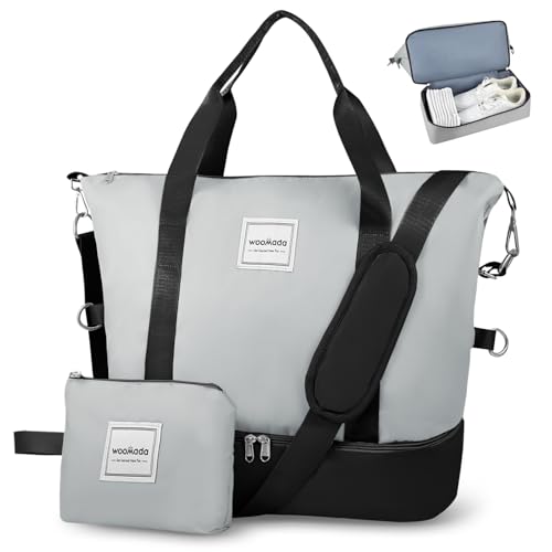 WOOMADA Weekender Bag for Women Travel, Overnight Bag with Shoe Compartment,Personal Item Travel Bag with Toiletry Bag(black&grey)
