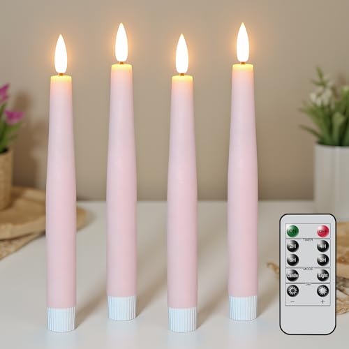 Image of Pink Flameless Taper Candles, Spring LED Flickering Taper Candles Battery Operated with Remote Timer, 4 Pcs Flameless Candlesticks for Spring Wedding Home Decorations(D0.78 inch x H8.1 inch)