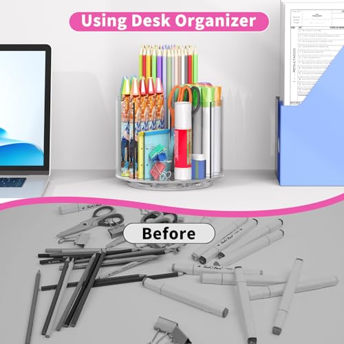 Image of Wawocs Small Pencil Organizer for Desk Acrylic 4 Compartments, Tiny Rotating Art Supply Organizer Kids, Spinning Round Marker Small Clear Desktop Caddy Swivel Office Pen Pencil Holder