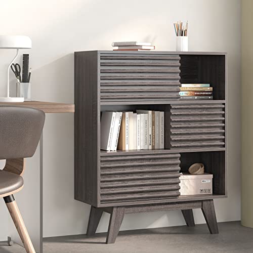 Sogespower Freestanding Storage Cabinet With Sliding Doors And Display Storage Shelves,3-Tier Sideboard Buffet Cabinet Bookcase For Home Office Living Room Bedroom,Mid Century Style,Grey #TOP8