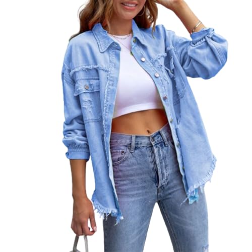 Women's Distressed Oversized Denim Button Down Shirt Y2k Jean Jacket Long Sleeve Trendy Streetwear Ripped Outfit Tops