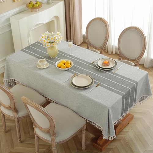 Image of Laolitou Rustic Lattice Tablecloth Cotton Linen Waterproof Tablecloths Square Table Cloths for Kitchen Dining,Party,Holiday,Christmas,Buffet Grey Lines Square,55''x55'',4 Seats