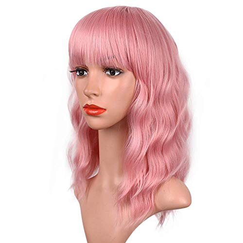 Vigorous Short Pink Wigs with Bangs Colored wigs for Women Synthetic Wave Bob Wig Cosplay Daily Party Wig (14 Inches)